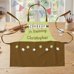 Kid's Chef name stars green brown Apron