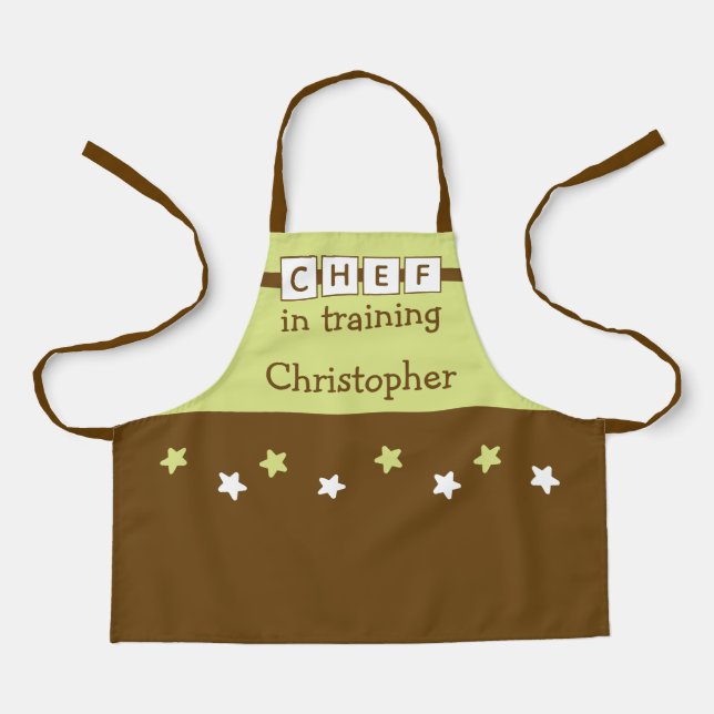 Kid's Chef name stars green brown Apron (Front)