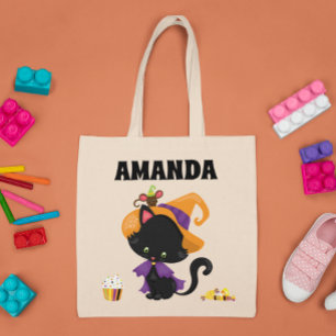 Kid's Child Personalised Halloween cat Trick Treat Tote Bag