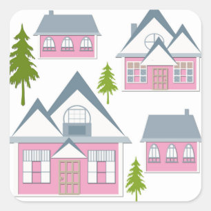 Kids childish cartoon village houses trees pink wh square sticker