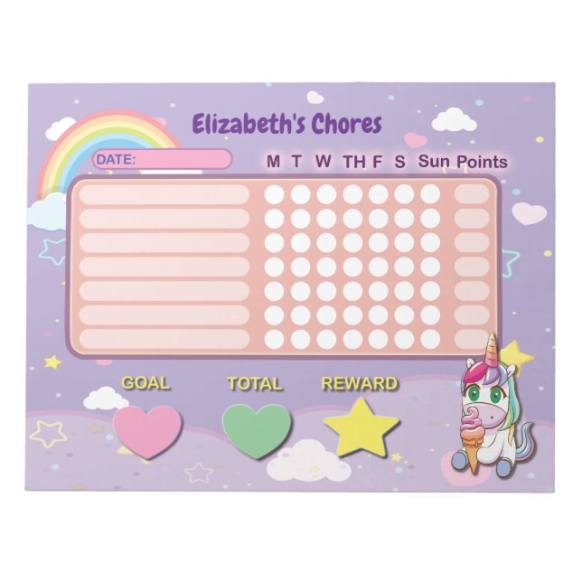 Kids Chore Board Unicorn To Do List Notepad (Front)