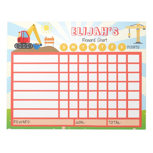 Kids Chore Chart, Personalised Construction Chart Notepad (Front)