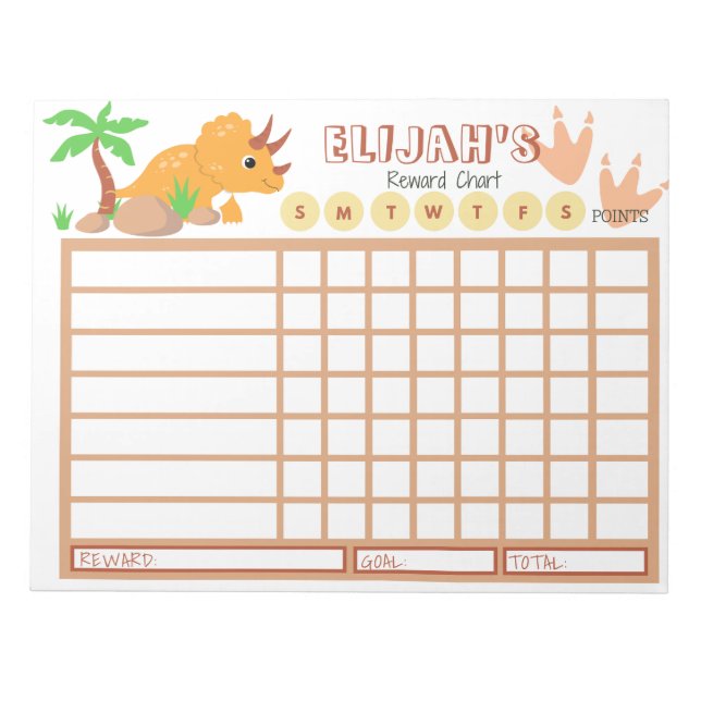 Kids Chore Chart, Personalised Dinosaur Chart Notepad (Front)