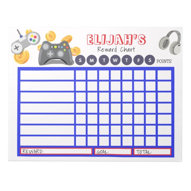 Kids Chore Chart, Personalised Game Chart Notepad (Front)