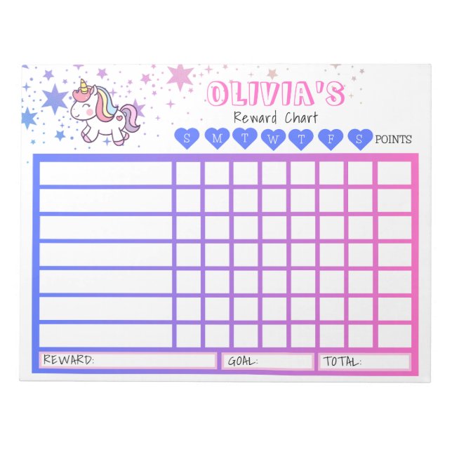Kids Chore Chart, Personalised Unicorn Chart Notepad (Front)