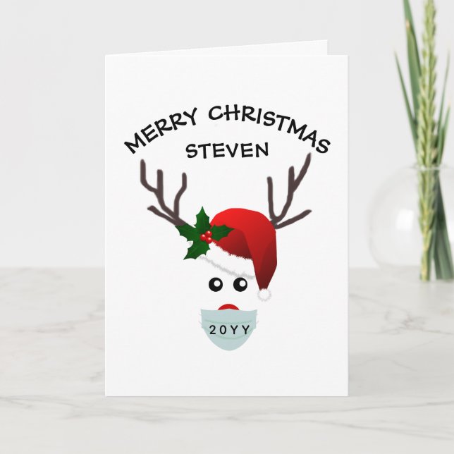 Kids Christmas 2021 Reindeer In Face Mask Name Holiday Card (Front)
