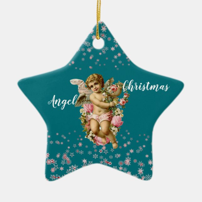 Kid's Christmas Angel in Blue Snowflakes Star  Ceramic Tree Decoration (Front)