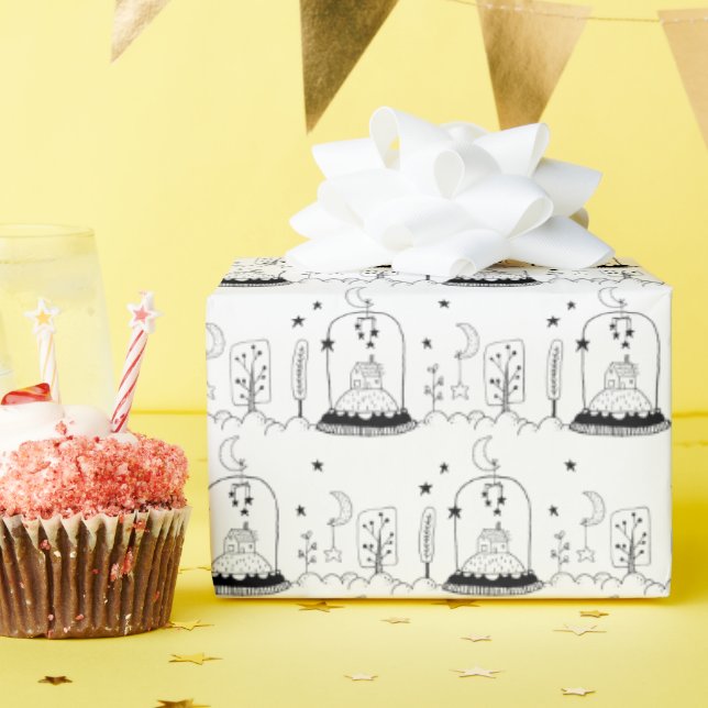 Kids Christmas Black & White Snowglobe Moon Stars Wrapping Paper (Birthday Party)