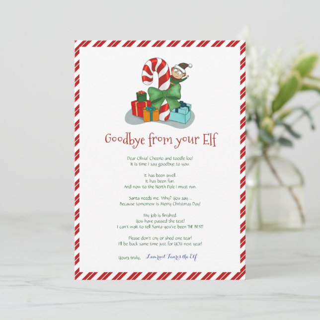 Kids Christmas Boy Elf Goodbye Letter Invitation (Standing Front)