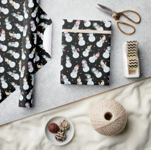 Kids Christmas Cute Snowman in Hats Black Wrapping Paper