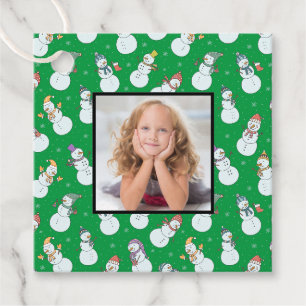 Kids Christmas Cute Snowman in Hats Green Photo Favour Tags