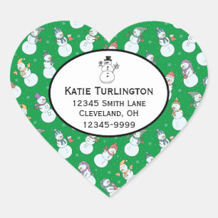 Kids Christmas Cute Snowman in Hats Return Address Heart Sticker