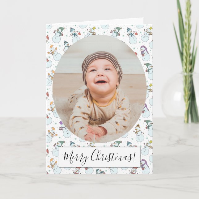 Kids Christmas Cute Snowman in Hats White Photo Note Card (Front)