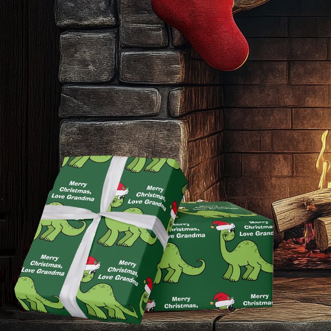 Kids Christmas Dinosaur Cute Custom Green  Wrapping Paper (Creator Uploaded)