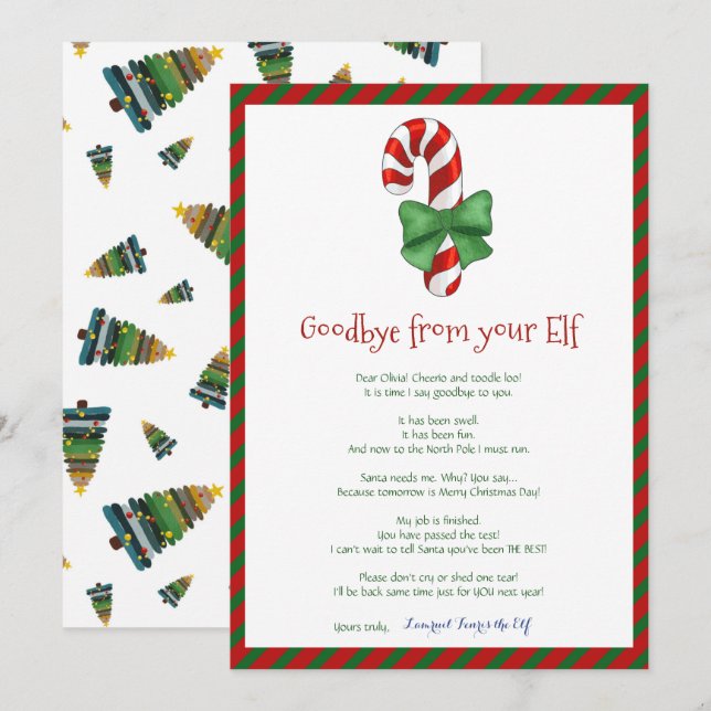 Kids Christmas Girl Boy Elf Goodbye Letter Invitation (Front/Back)