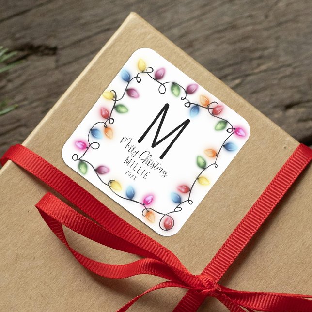 Kids Christmas Lights Monogram Square Sticker (Creator Uploaded)