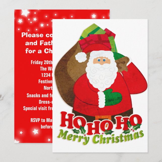 Kids Christmas party invitation Santa red & green (Front/Back)