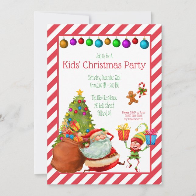Kids' Christmas Party, Santa, Elf Party Invitation (Front)