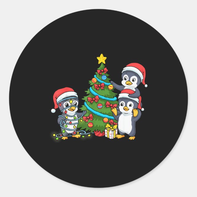 Kids Christmas Penguin Christmas Tree Lights Baubl Classic Round Sticker (Front)
