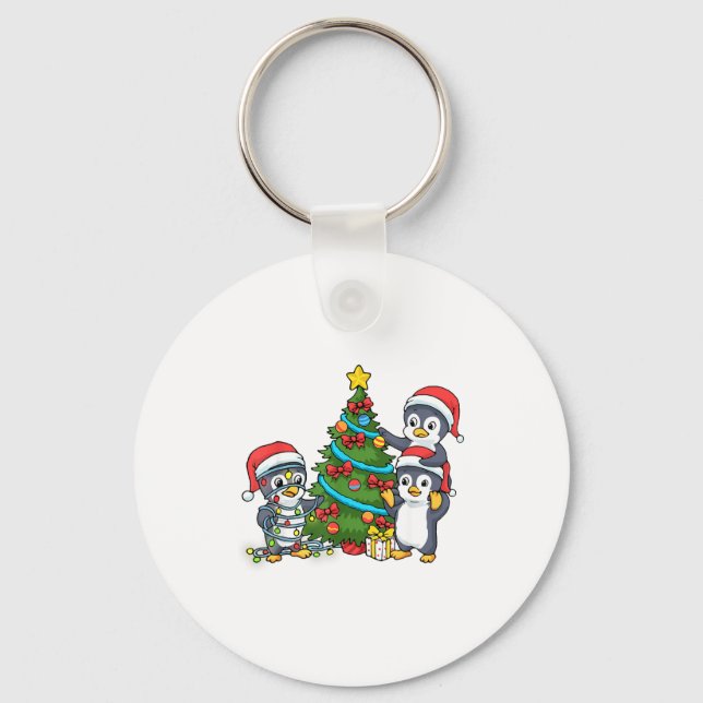 Kids Christmas Penguin Christmas Tree Lights Baubl Key Ring (Front)