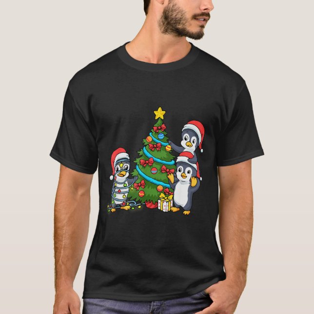 Kids Christmas Penguin Christmas Tree Lights Baubl T-Shirt (Front)