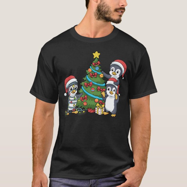 Kids Christmas Penguin Tshirt Christmas Tree Light (Front)