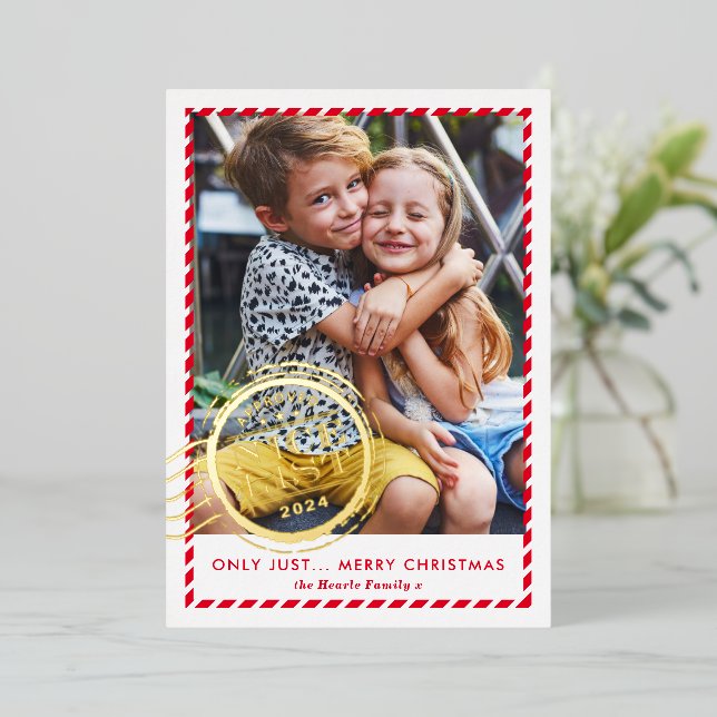 KIDS CHRISTMAS PHOTO cute Nice List stamp red gold Foil Holiday Card (Standing Front)