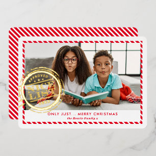 KIDS CHRISTMAS PHOTO fun Nice List stamp red gold Foil Holiday Card