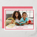 KIDS CHRISTMAS PHOTO fun Nice List stamp red gold Foil Holiday Card<br><div class="desc">by kat massard >>> WWW.SIMPLYSWEETPAPERIE.COM <<<
A funny card design featuring a stamp design saying "NICE LIST" in shiny foil. Landscape style to display your beautiful family too with horizontal photo.
CONTACT ME if you need help to get your photo to fit perfectly kat@simplysweetpaperie.com</div>