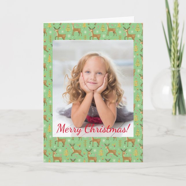 Kids Christmas Reindeer Playing Green Photo Note Card (Front)