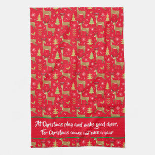 Kids Christmas Reindeer Playing Red Tea Towel
