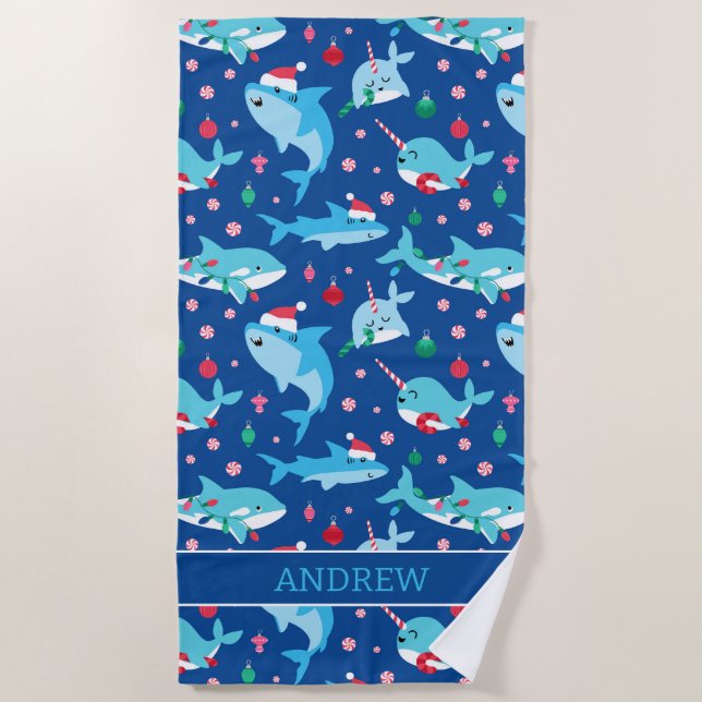 Kids Christmas Shark Narwhal Personalised Beach Towel (Front)