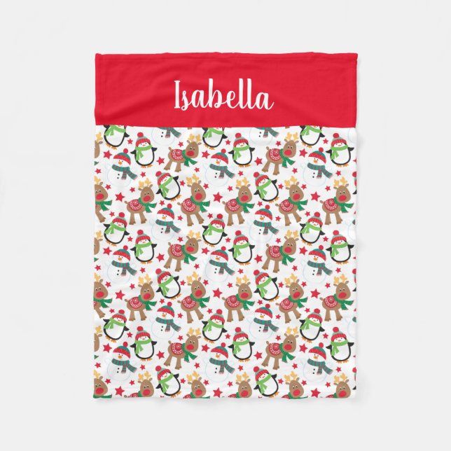Kids Christmas Snowman Reindeer Personalised Fleece Blanket (Front)