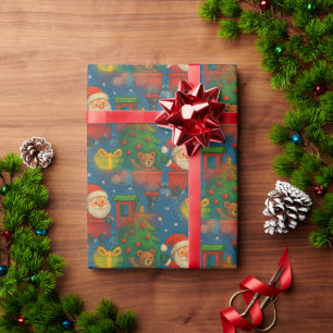 Kid's Christmas Train Santa Teddy Bear Toy Wrapping Paper