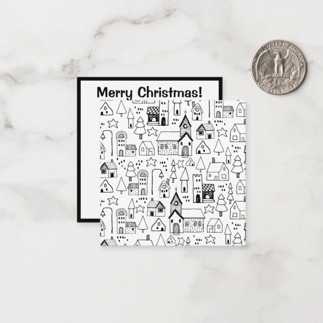 Kids Christmas Village Whimsical Black & White Card (Front/Back In Situ)
