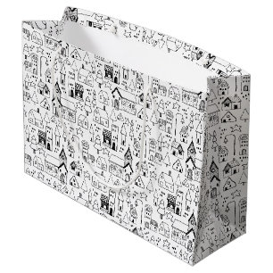 Kids Christmas Village Whimsical Black & White Large Gift Bag
