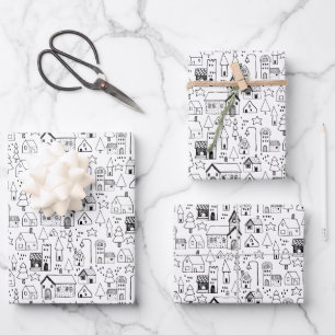 Kids Christmas Village Whimsical Black & White Wrapping Paper Sheet