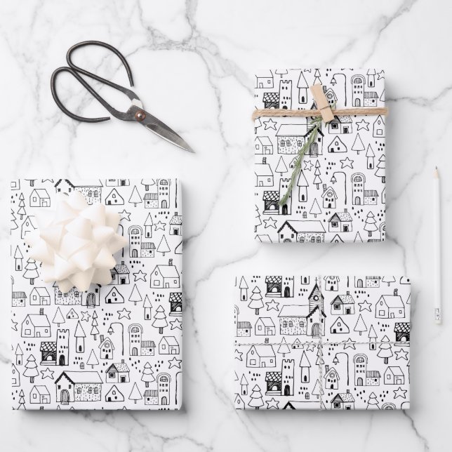 Kids Christmas Village Whimsical Black & White Wrapping Paper Sheet (Front)