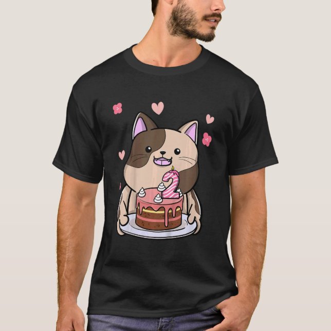 Kids Chubby Cat Holding A Birthday Cake 2nd Year B T-Shirt (Front)