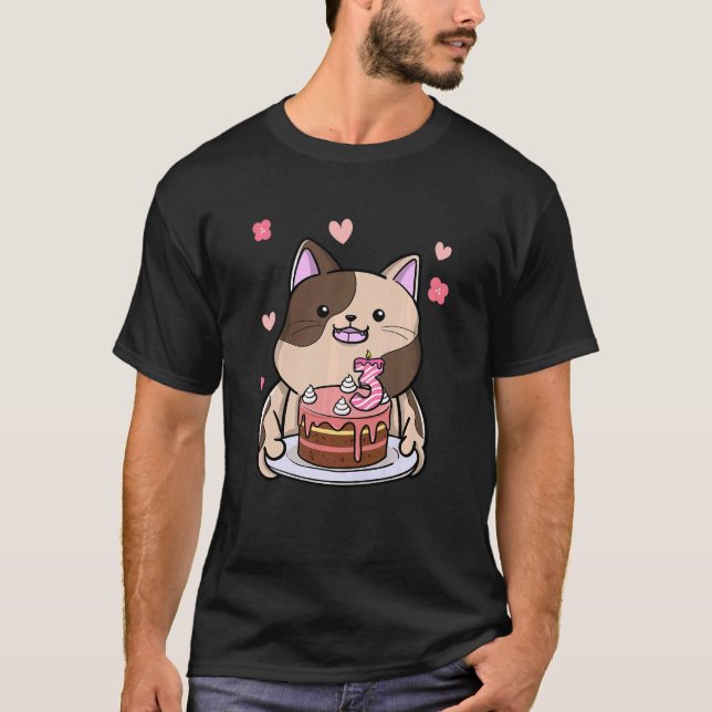 Kids Chubby Cat Holding A Birthday Cake 3rd Year B T-Shirt (Front)