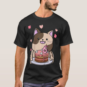 Kids Chubby Cat Holding A Birthday Cake 6th Year B T-Shirt