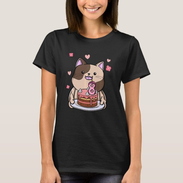 Kids Chubby Cat Holding A Birthday Cake 8th Year B T-Shirt (Front)