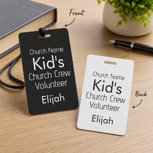 KIDS Church Crew Volunteer Black White Name ID Badge