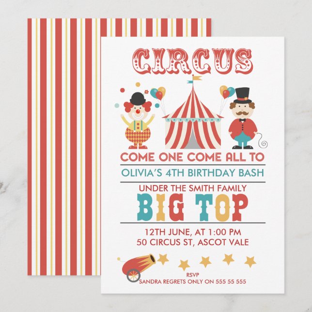 Kids Circus Birthday party Invitation (Front/Back)