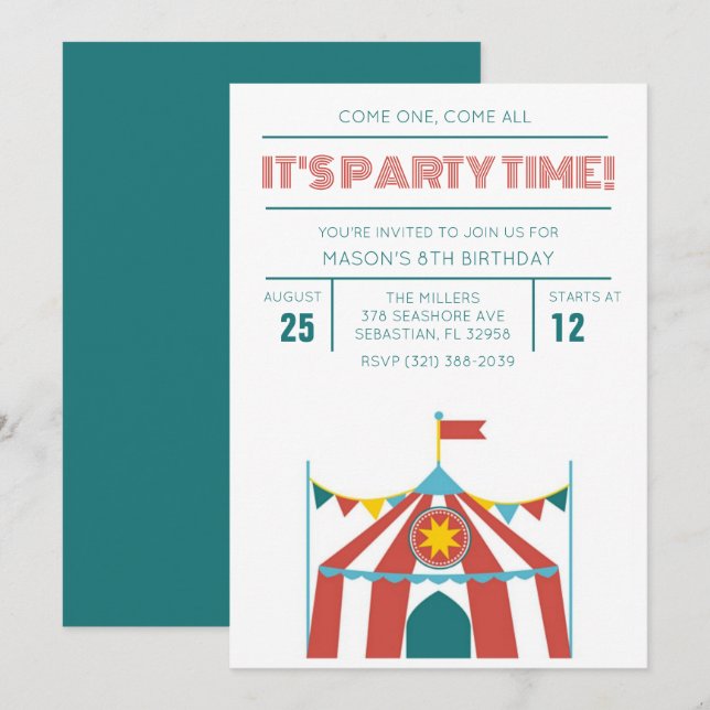 Kid's Circus Birthday Party Invitation (Front/Back)