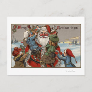 Kids Climbing on Santa Holiday Postcard