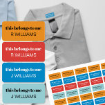 Kids Clothing Name This Belongs to Me Colour Coded<br><div class="desc">Personalised labels for kids clothing and school uniform. You can add up to 4 different names to these washable labels. The wording reads "this belongs to me" in modern lowercase typography followed by your child's name. The set has a cool colour palette of orange,  blue,  red and aqua.</div>