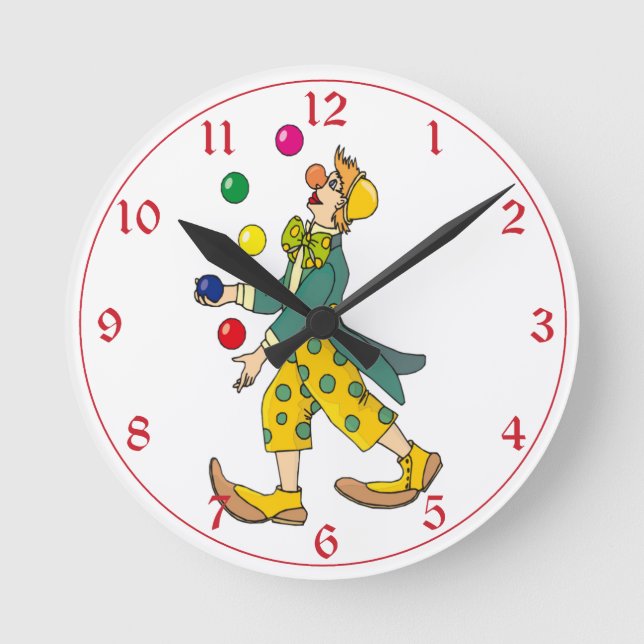 Kids Colorful Circus Clown Juggler Polka Dots Round Clock (Front)