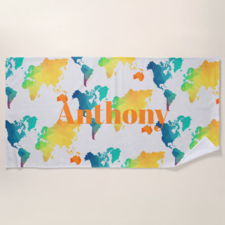 Kids Colorful World Map Custom Name Monogram Beach Towel