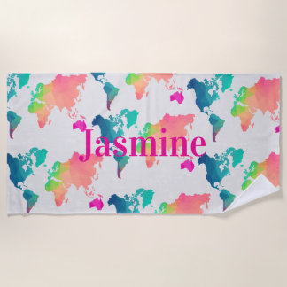 Kids Colorful World Map Personalized Name Monogram Beach Towel